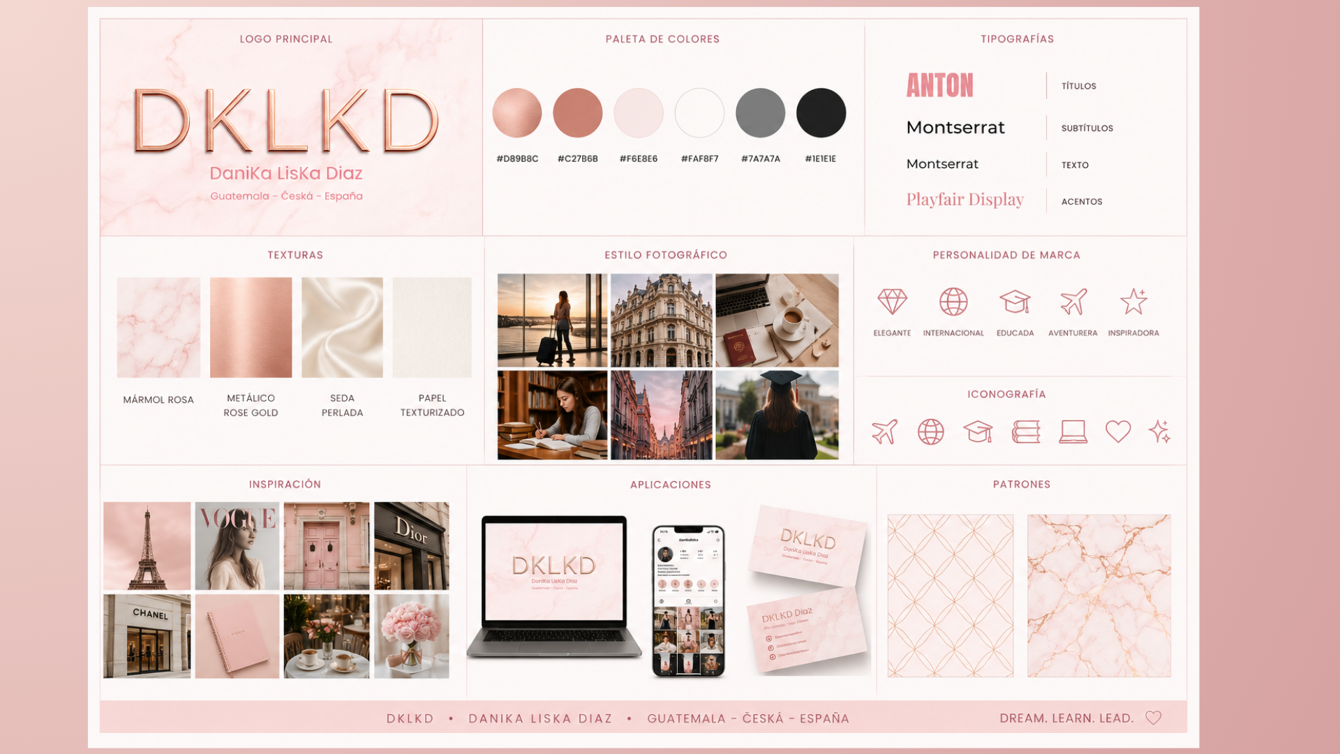 Manual visual de DKKD con logo, paleta, tipografías, texturas y aplicaciones
