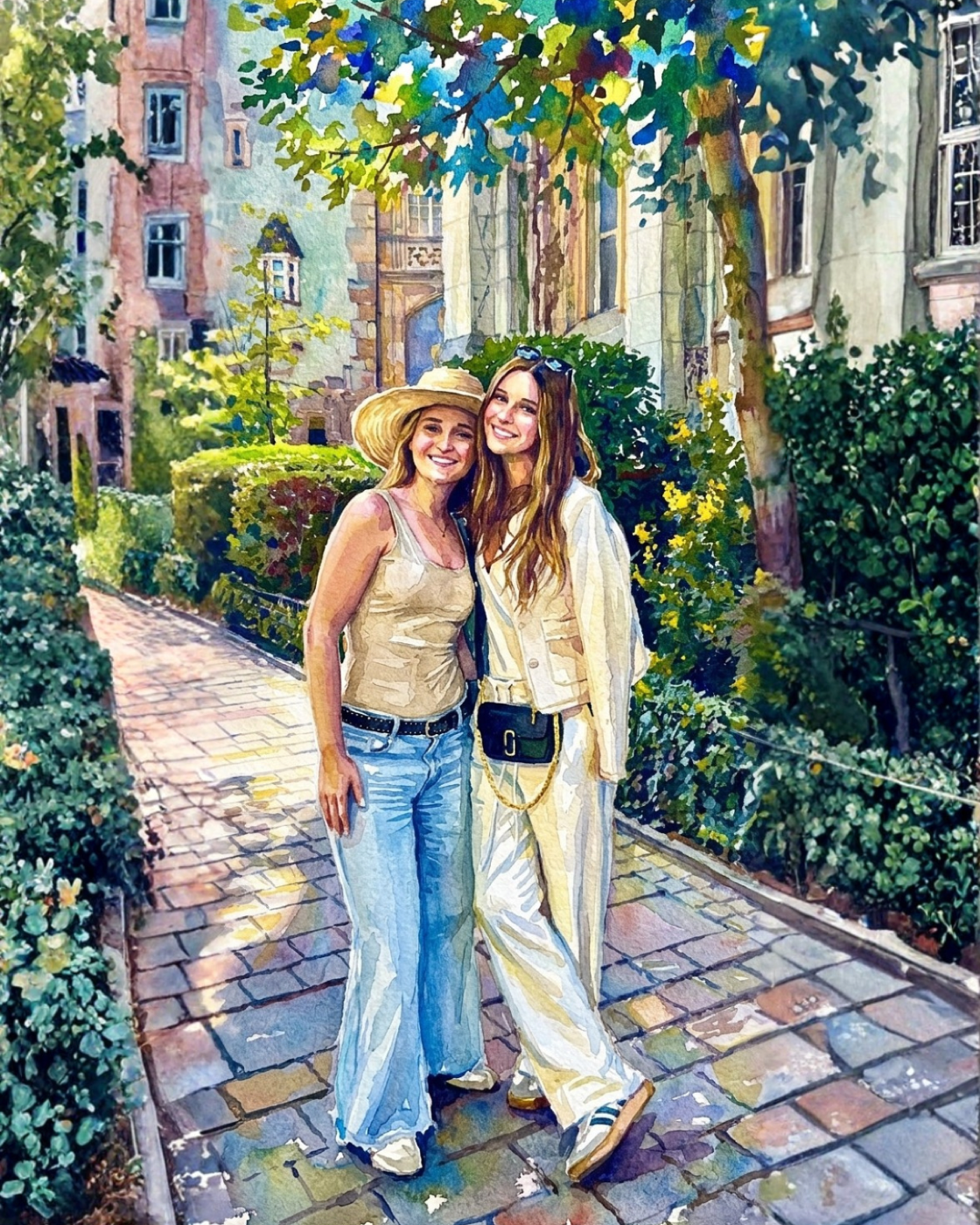 Ilustración de Danika y una amiga caminando por una calle europea