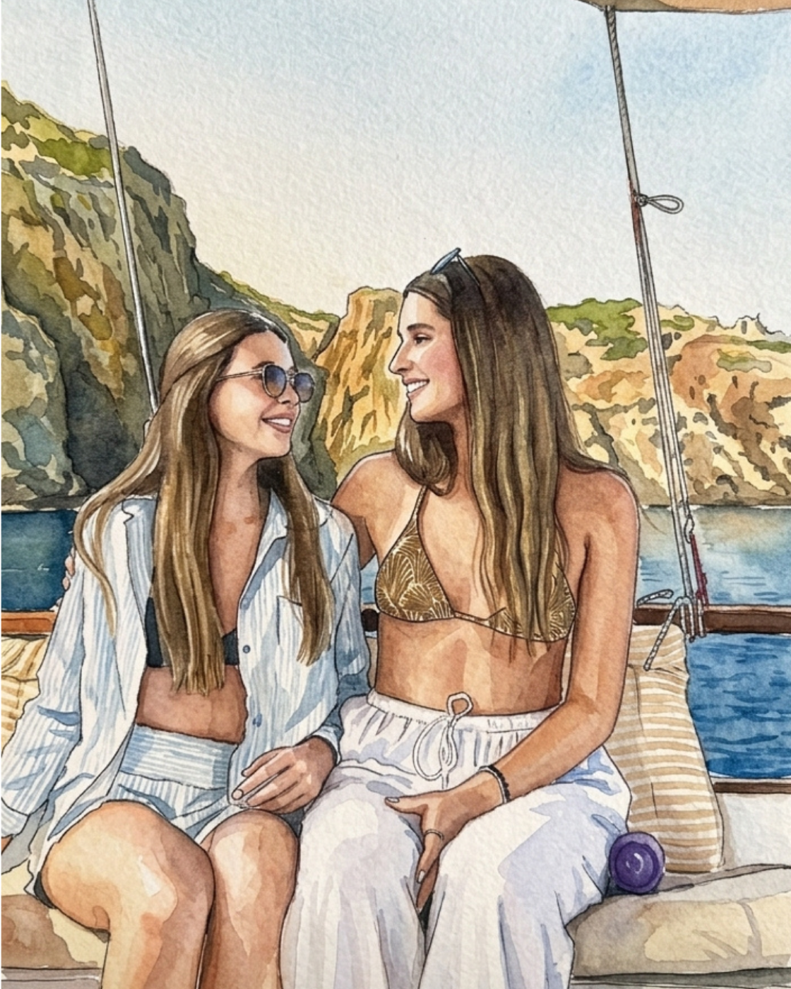 Ilustración de Danika y una amiga en un velero